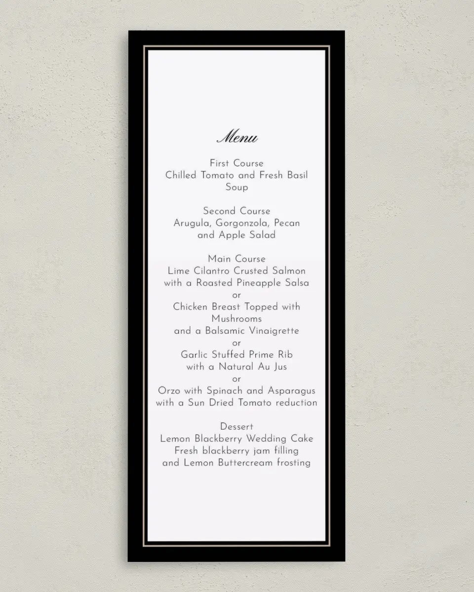 This is a 3⅝" x 8⅞" Wedding Menu Card called Vision of Love printed in full color on Premium Smooth paper