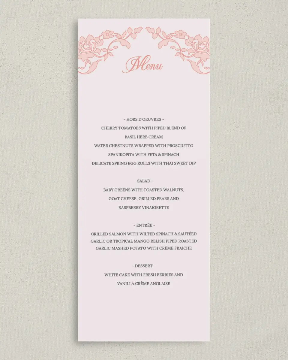 This is a 3⅝" x 8⅞" Wedding Menu Card called Vintage Applique printed in full color on Premium Smooth paper