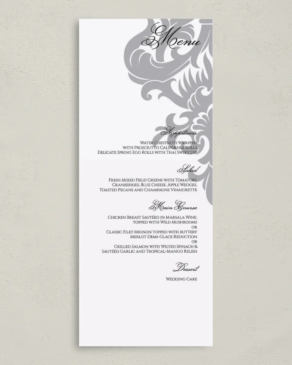 This is a 3⅝" x 8⅞" Wedding Menu Card called Damask Elegance printed in full color on Premium Smooth paper