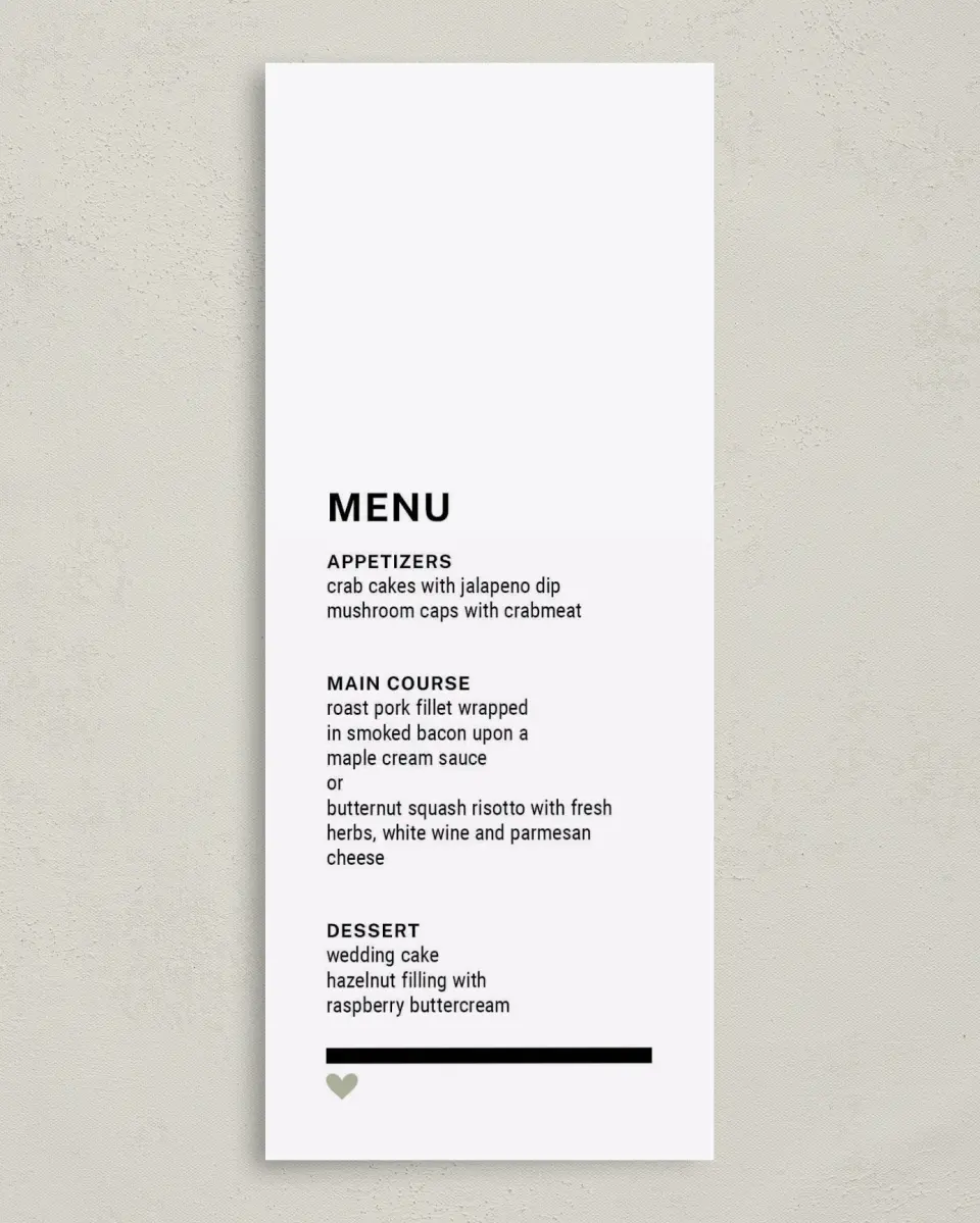 This is a 3⅝" x 8⅞" Wedding Menu Card called Modern Typography printed in full color on Premium Smooth paper
