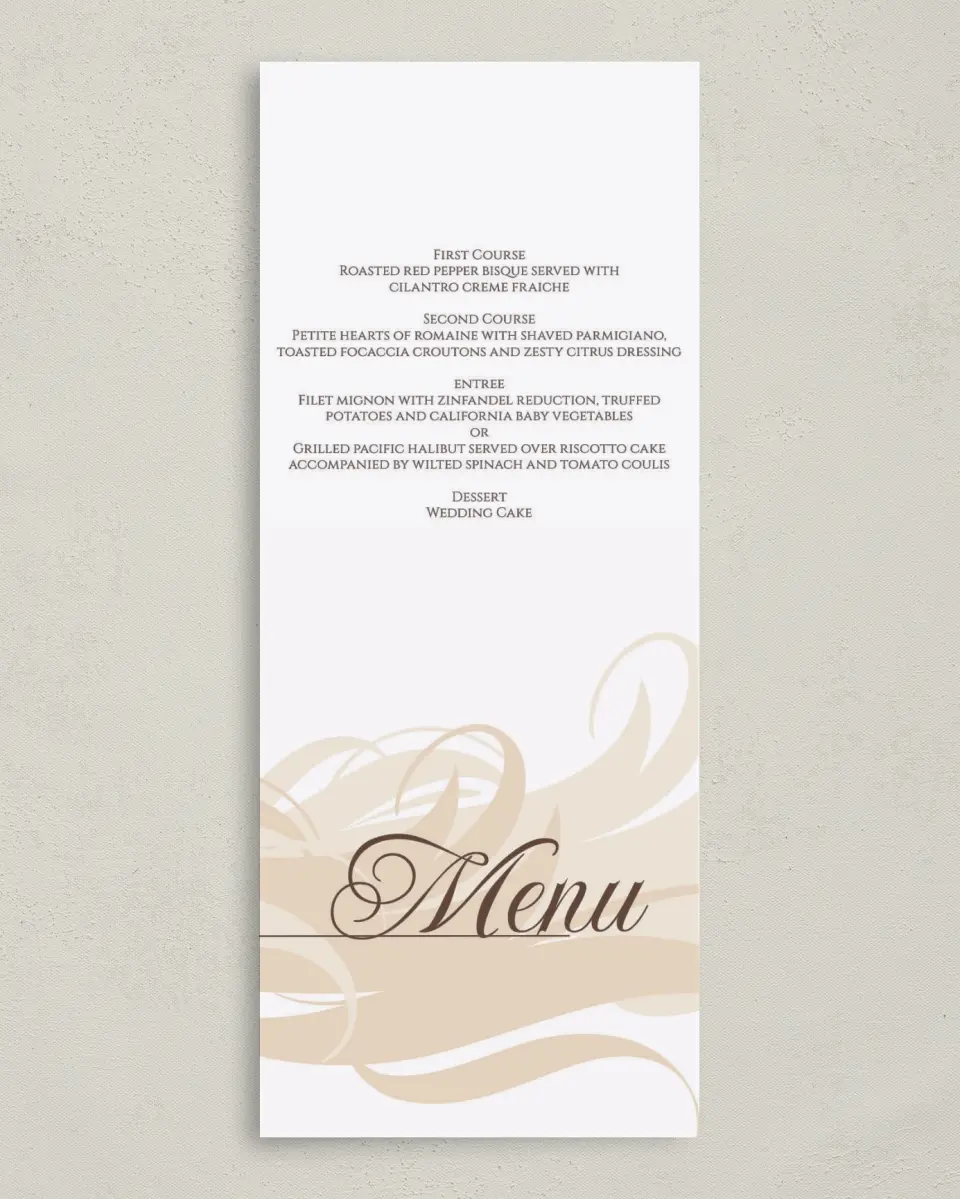 This is a 3⅝" x 8⅞" Wedding Menu Card called Whispering Feather printed in full color on Premium Smooth paper