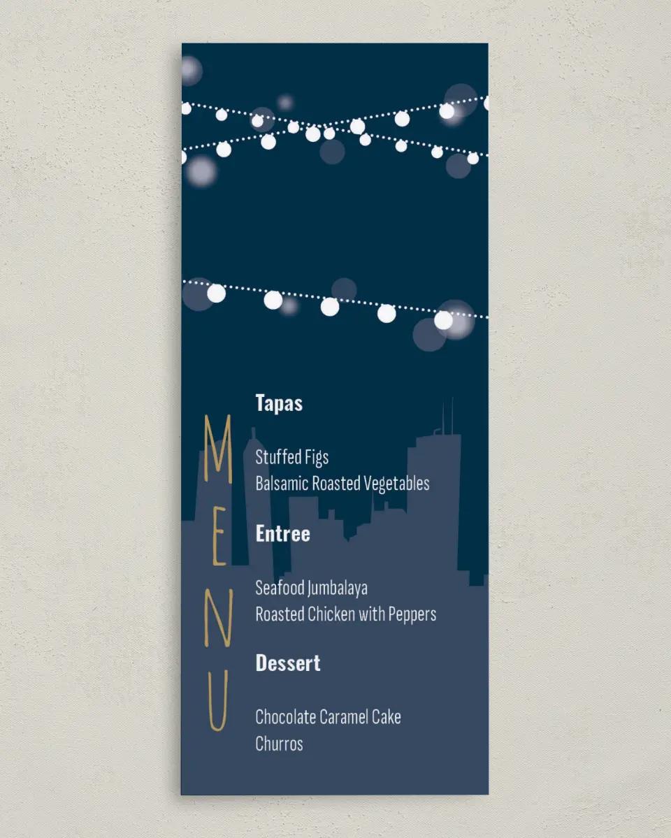 This is a 3⅝" x 8⅞" Wedding Menu Card called Rooftop Party printed in full color on Premium Smooth paper