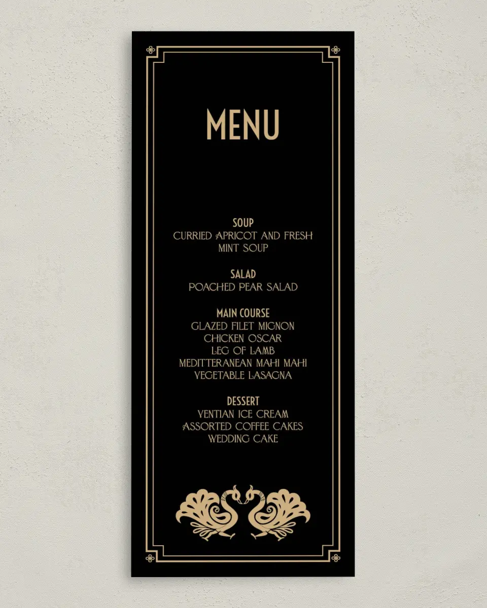 This is a 3⅝" x 8⅞" Wedding Menu Card called Deco Glam printed in full color on Premium Smooth paper