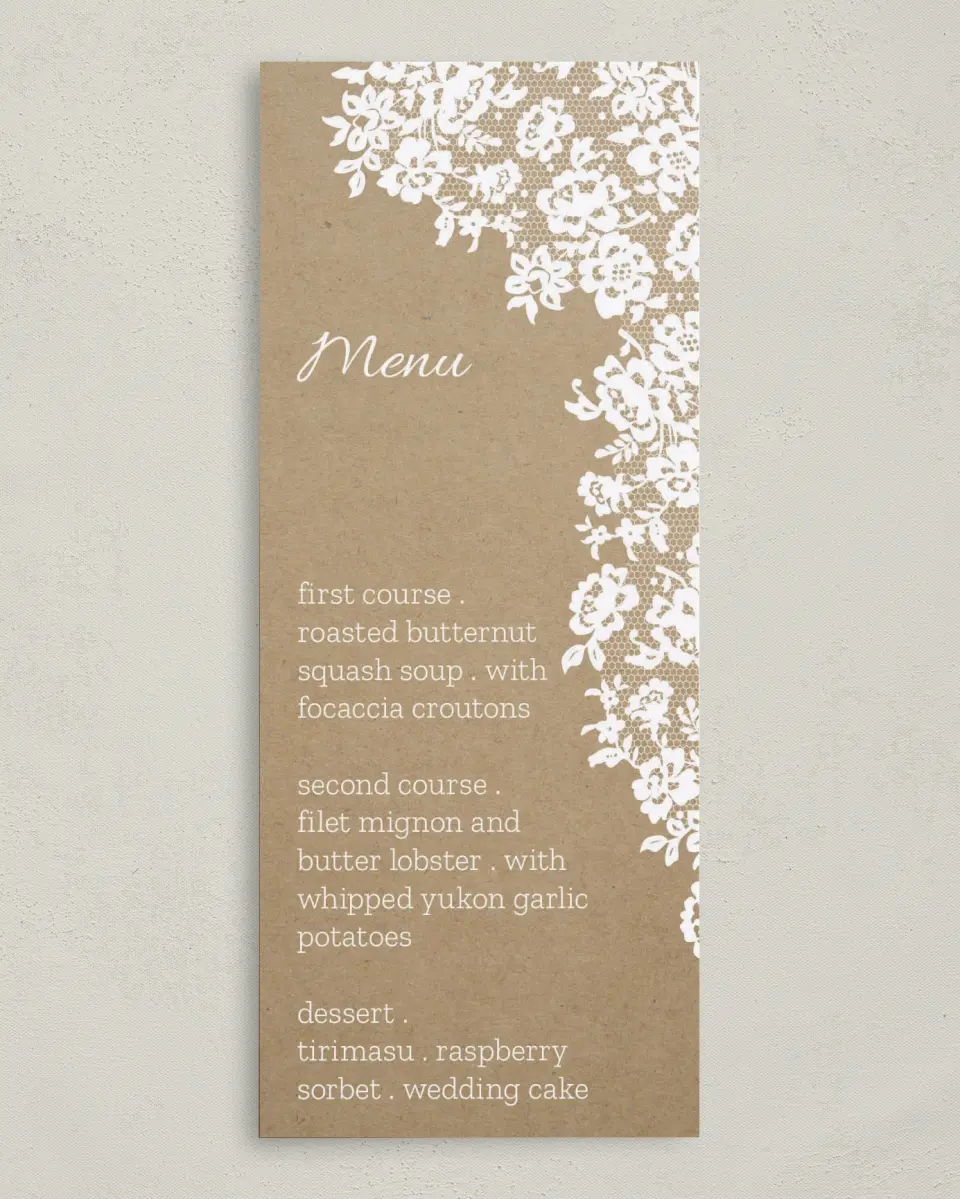 This is a 3⅝" x 8⅞" Wedding Menu Card called Floral Lace printed in full color on Premium Smooth paper