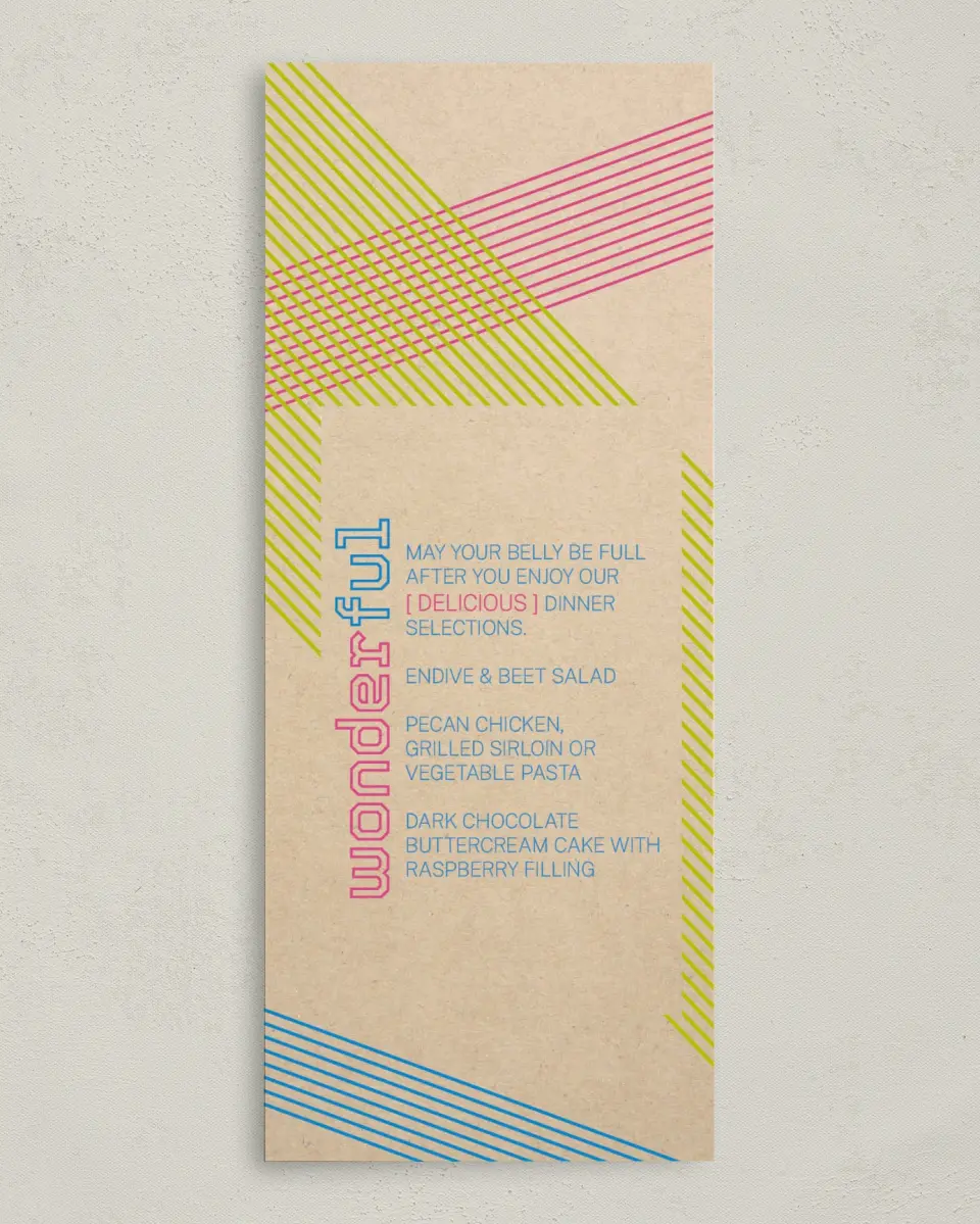 This is a 3⅝" x 8⅞" Wedding Menu Card called Flirty Neon printed in full color on Premium Smooth paper