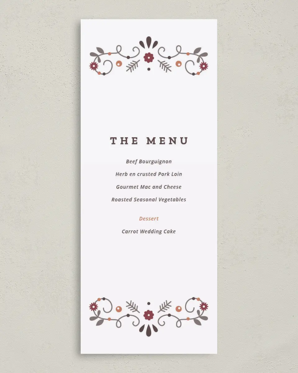 This is a 3⅝" x 8⅞" Wedding Menu Card called Fall Treasures printed in full color on Premium Smooth paper