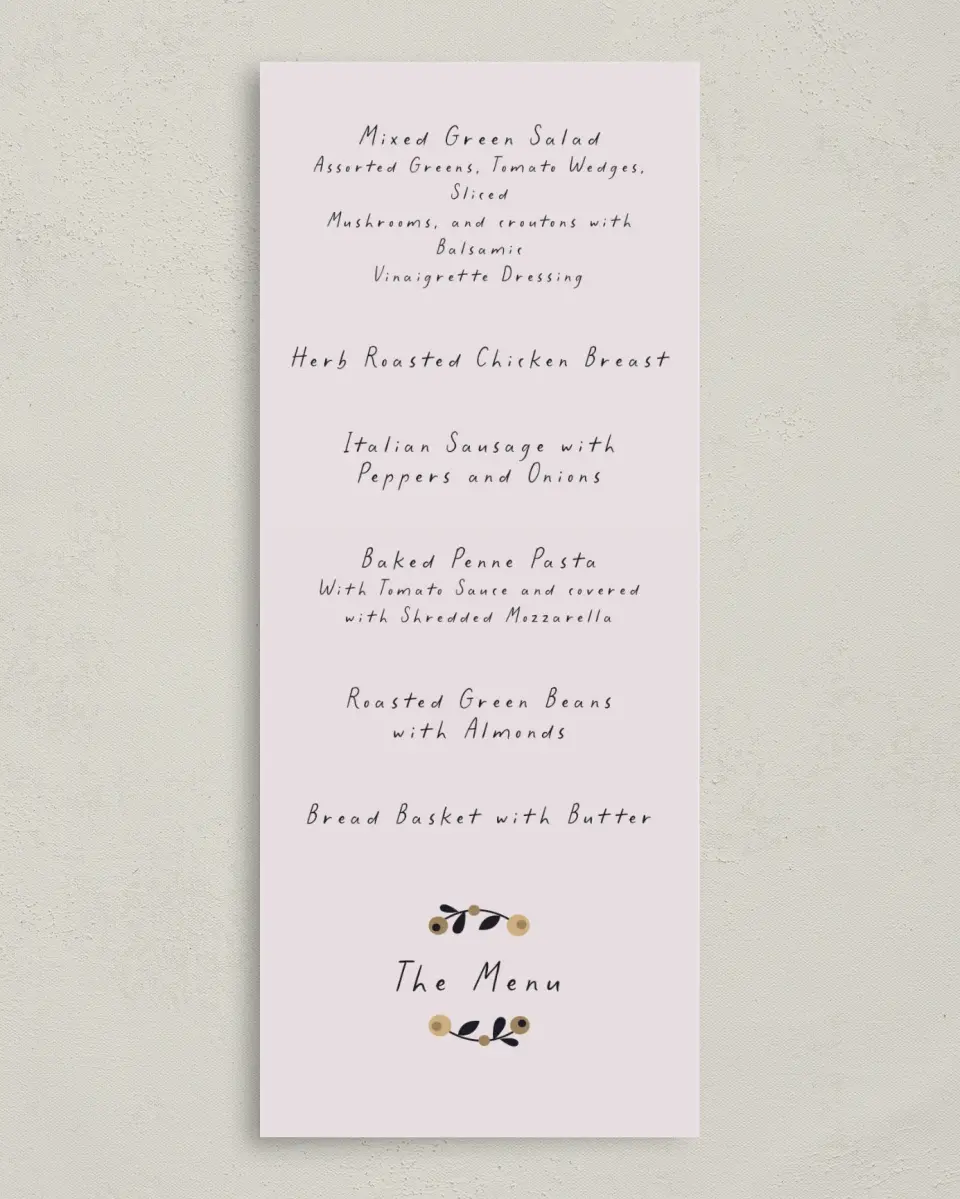 This is a 3⅝" x 8⅞" Wedding Menu Card called An Autumn Affair printed in full color on Premium Smooth paper