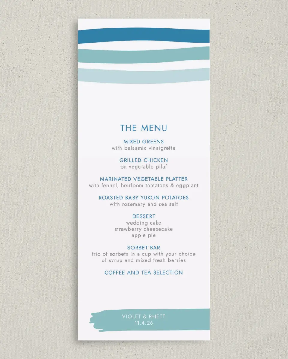 This is a 3⅝" x 8⅞" Wedding Menu Card called Making Waves printed in full color on Premium Smooth paper