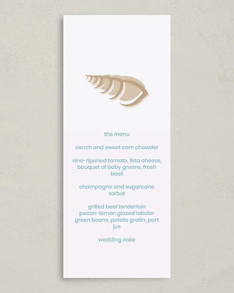This is a 3⅝" x 8⅞" Wedding Menu Card called Salty Kisses printed in full color on Premium Smooth paper