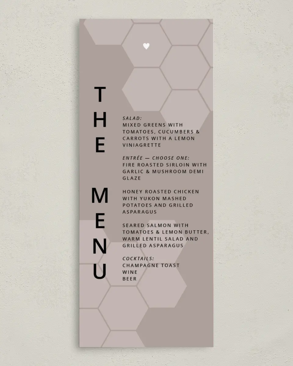 This is a 3⅝" x 8⅞" Wedding Menu Card called Honeycomb Sweetness printed in full color on Premium Smooth paper