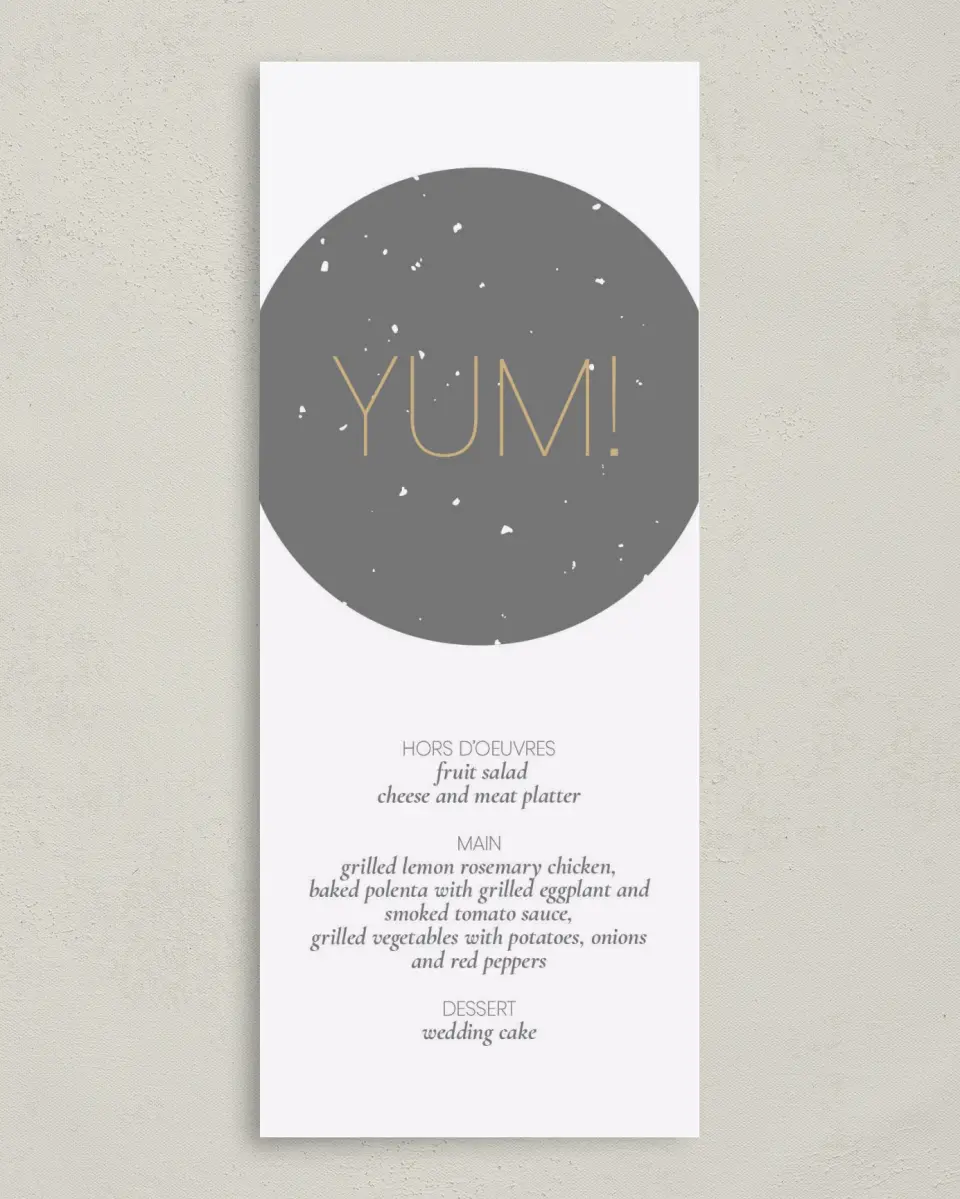This is a 3⅝" x 8⅞" Wedding Menu Card called Truly, Madly, Deeply printed in full color on Premium Smooth paper