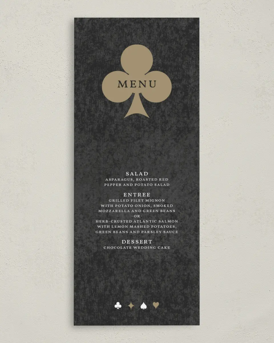 This is a 3⅝" x 8⅞" Wedding Menu Card called Vegas Luxe printed in full color on Premium Smooth paper