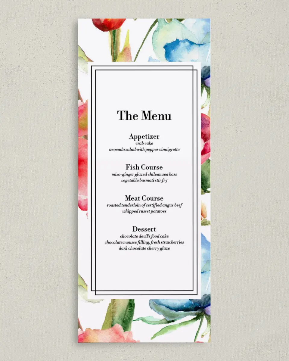 This is a 3⅝" x 8⅞" Wedding Menu Card called Floral Watercolor printed in full color on Premium Smooth paper
