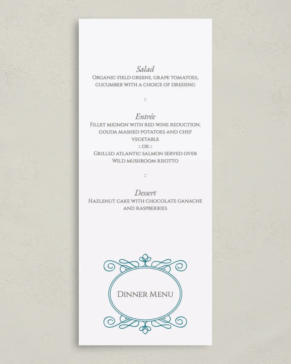 This is a 3⅝" x 8⅞" Wedding Menu Card called Simple Luxury printed in full color on Premium Smooth paper