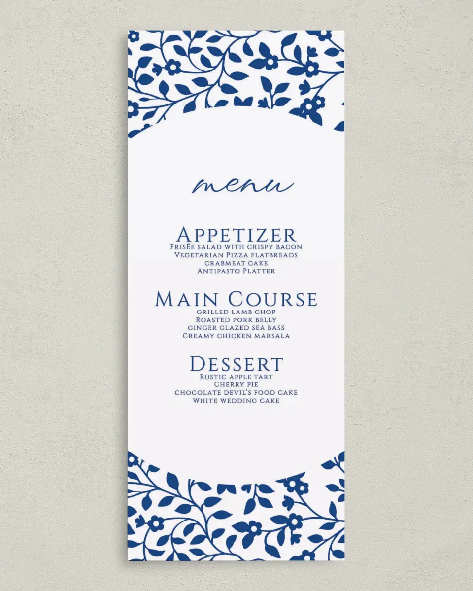 This is a 3⅝" x 8⅞" Wedding Menu Card called Secret Garden printed in full color on Premium Smooth paper