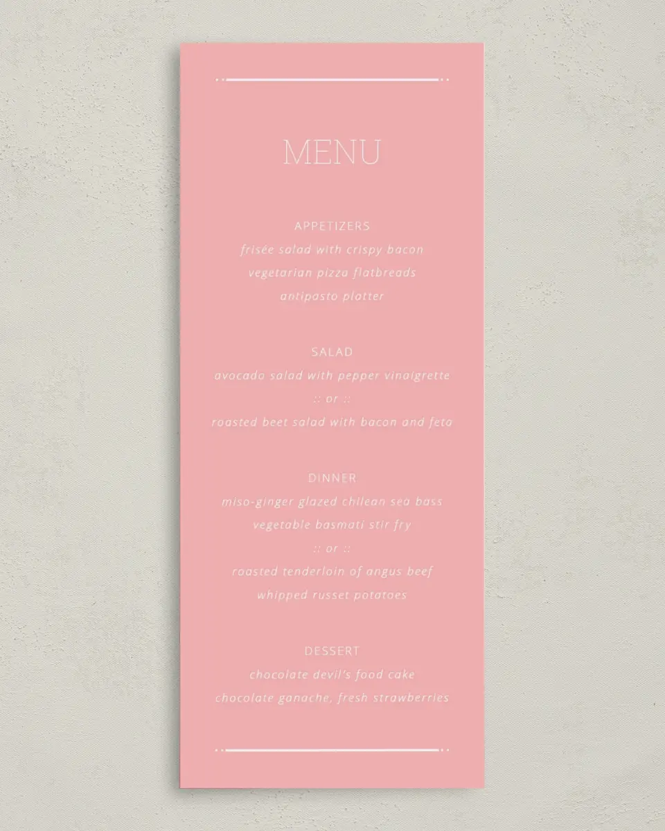 This is a 3⅝" x 8⅞" Wedding Menu Card called Sweetly Charmed printed in full color on Premium Smooth paper