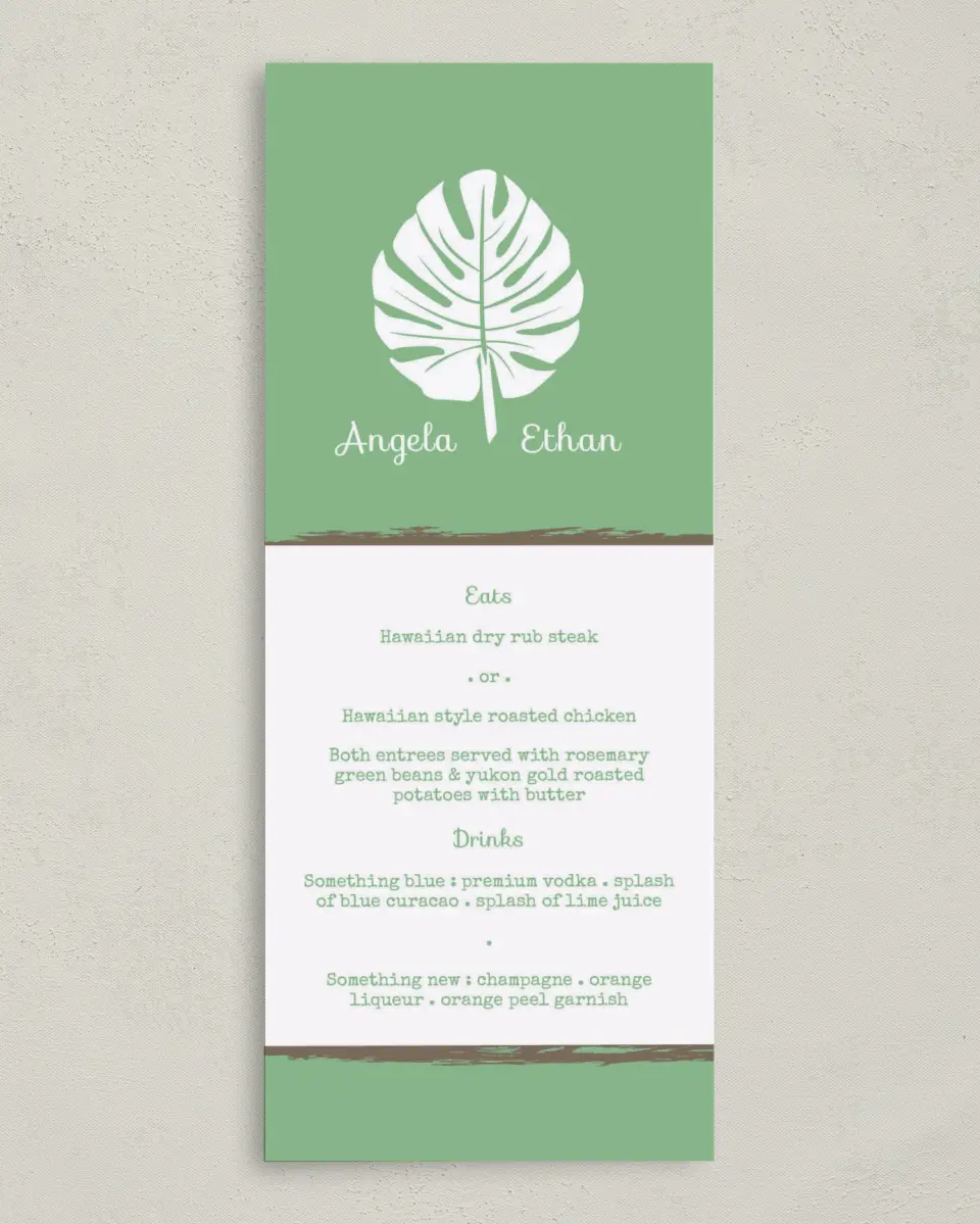 This is a 3⅝" x 8⅞" Wedding Menu Card called Palms in Paradise printed in full color on Premium Smooth paper