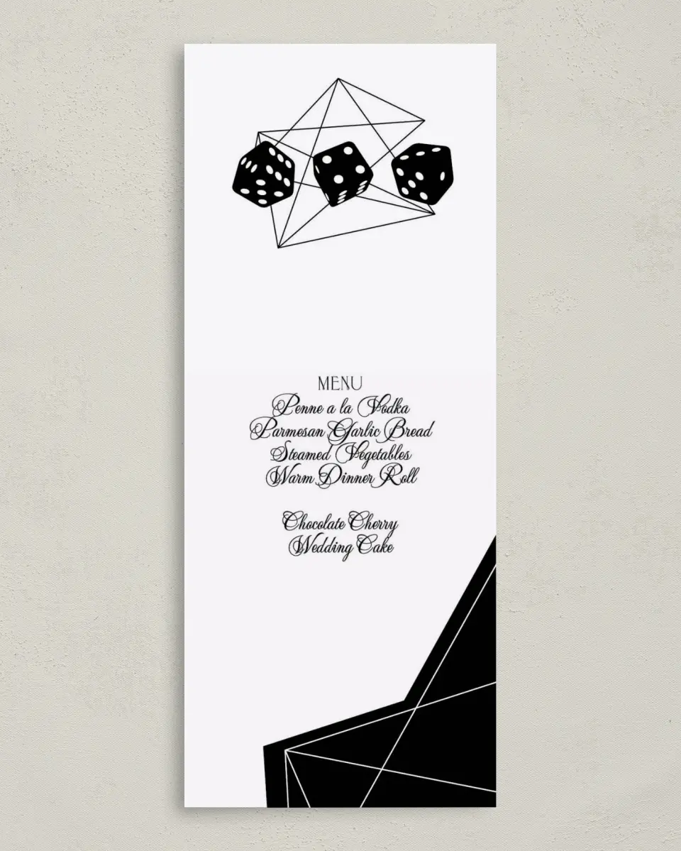 This is a 3⅝" x 8⅞" Wedding Menu Card called Upscale Vegas printed in full color on Premium Smooth paper