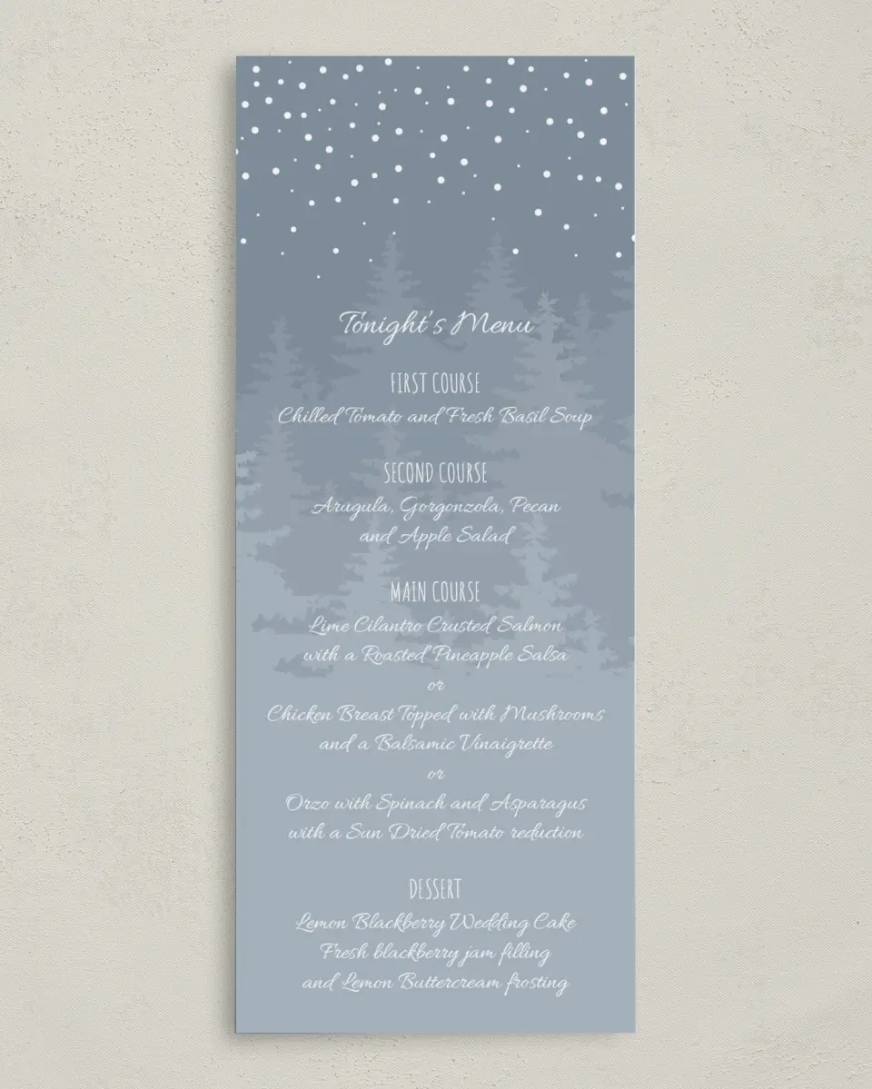 This is a 3⅝" x 8⅞" Wedding Menu Card called Woodland Wishes printed in full color on Premium Smooth paper