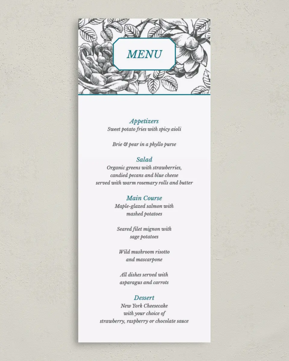 This is a 3⅝" x 8⅞" Wedding Menu Card called Vintage Botanicals printed in full color on Premium Smooth paper