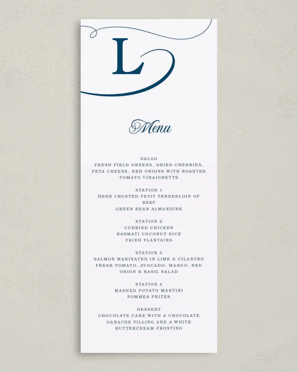 This is a 3⅝" x 8⅞" Wedding Menu Card called Grand Soiree printed in full color on Premium Smooth paper