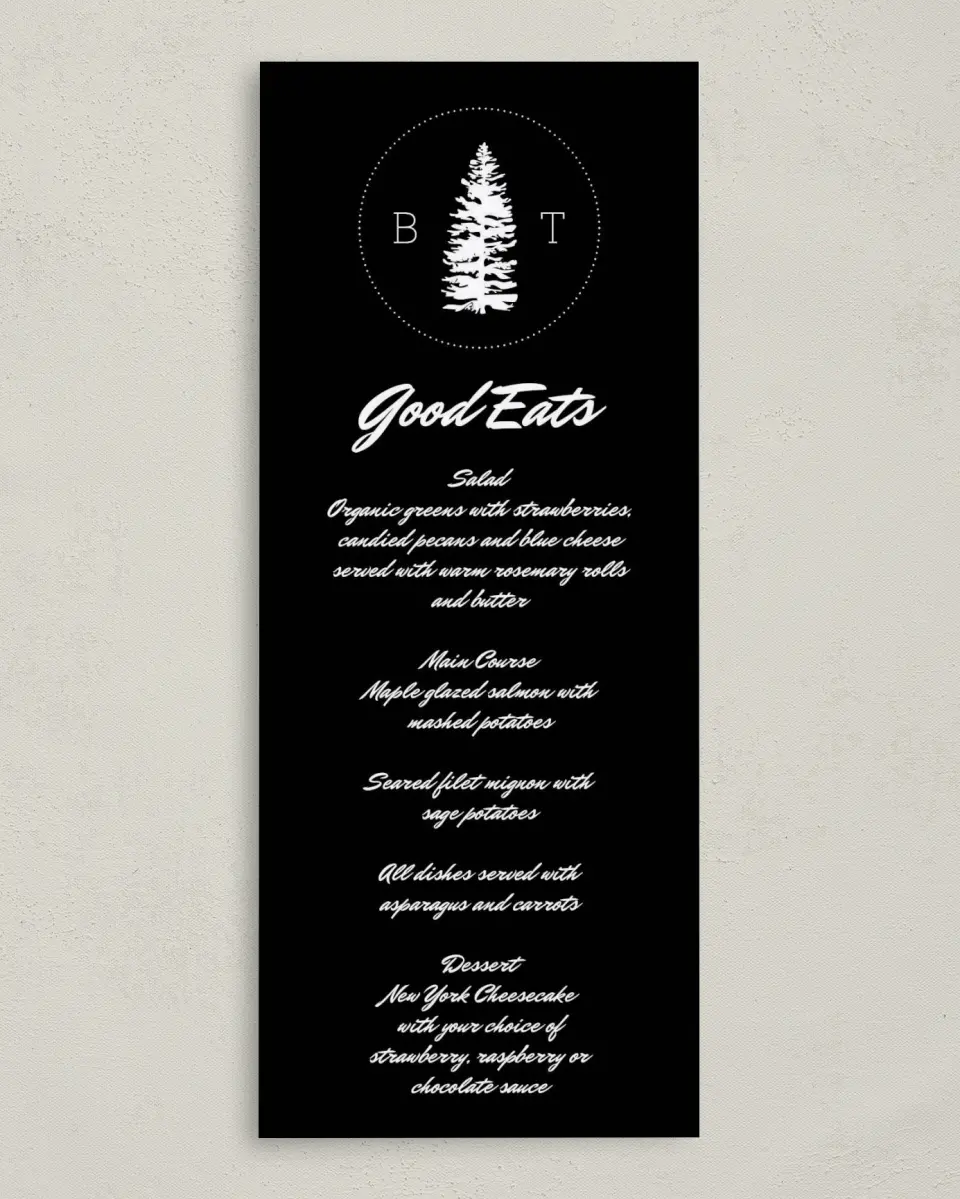 This is a 3⅝" x 8⅞" Wedding Menu Card called Splendid Pines printed in full color on Premium Smooth paper