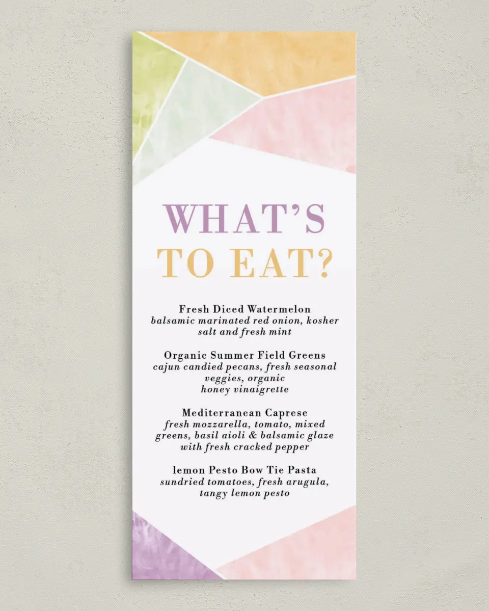 This is a 3⅝" x 8⅞" Wedding Menu Card called Be Happy! printed in full color on Premium Smooth paper