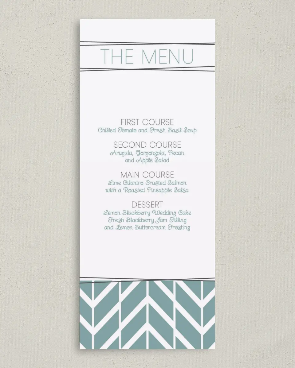 This is a 3⅝" x 8⅞" Wedding Menu Card called Forever Mine printed in full color on Premium Smooth paper