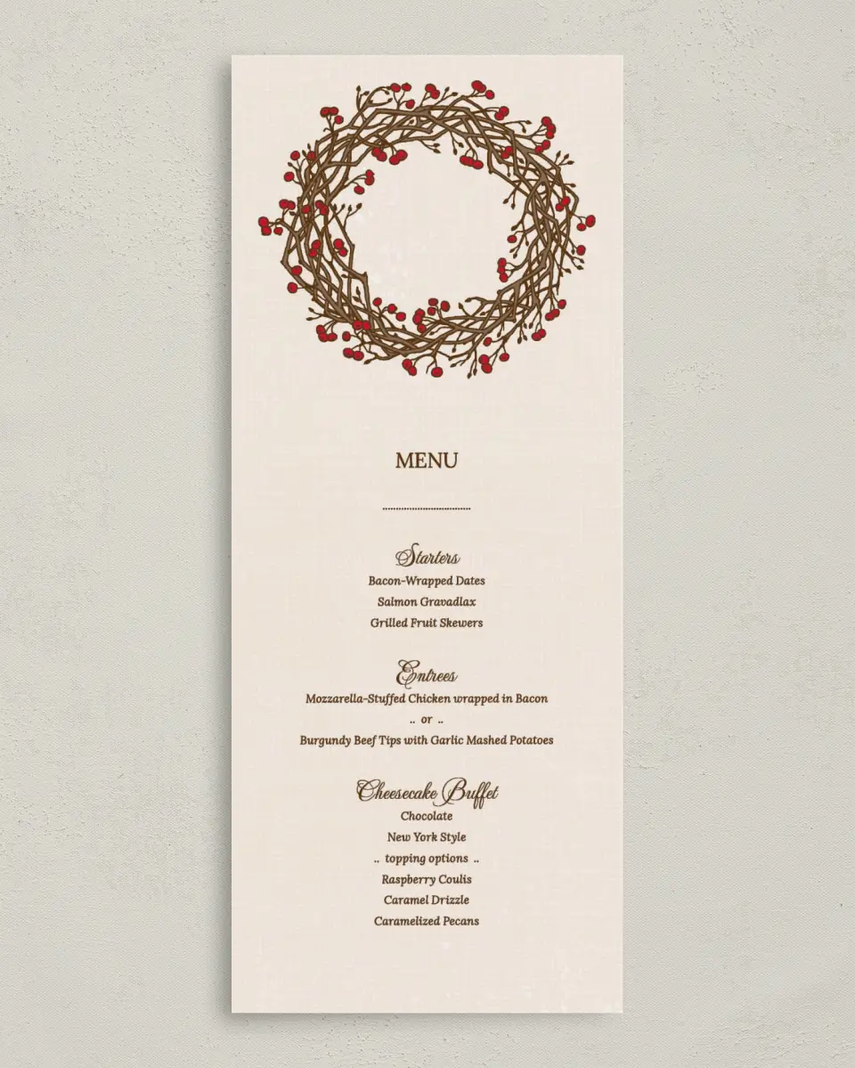 This is a 3⅝" x 8⅞" Wedding Menu Card called Winter Berries printed in full color on Premium Smooth paper