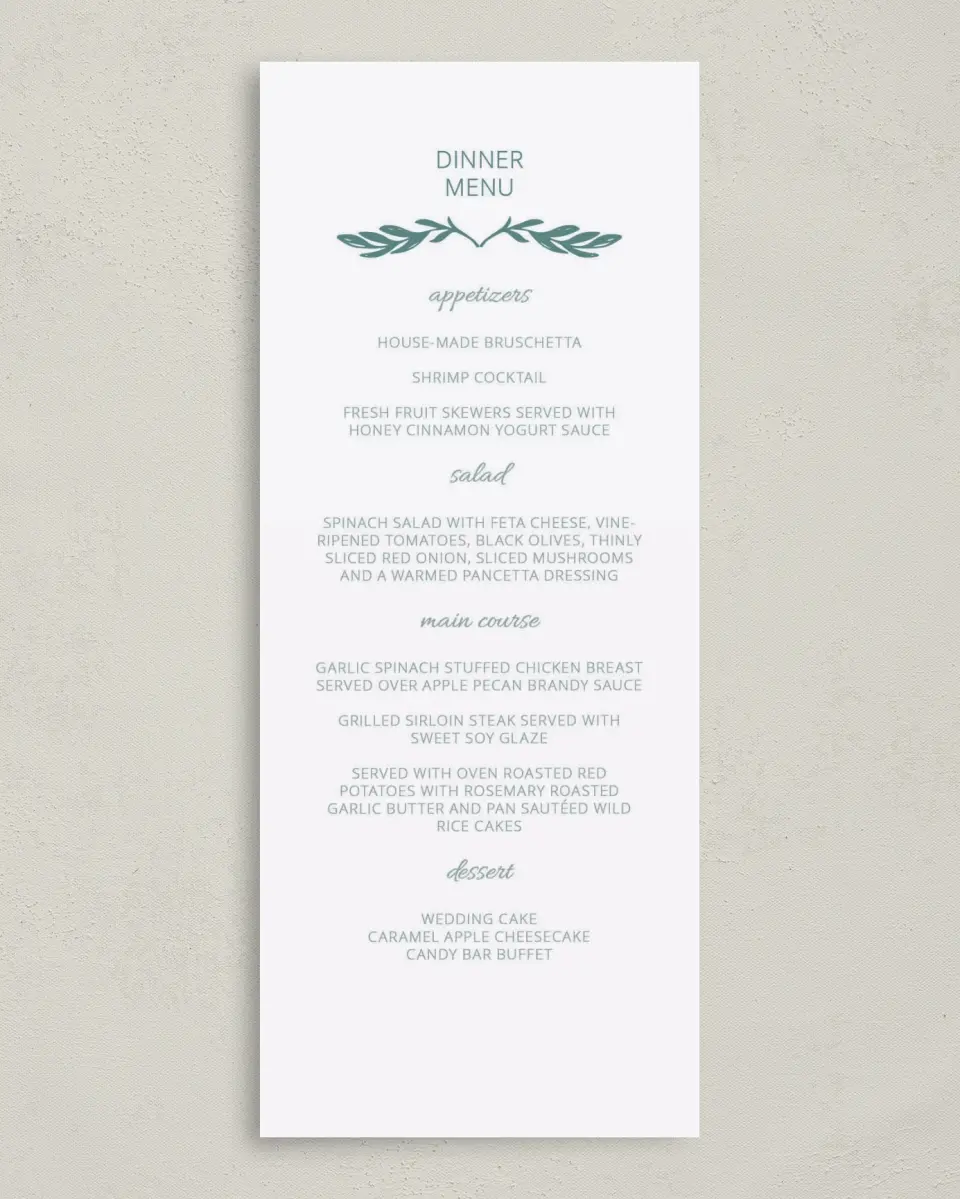 This is a 3⅝" x 8⅞" Wedding Menu Card called This Joyful Day printed in full color on Premium Smooth paper