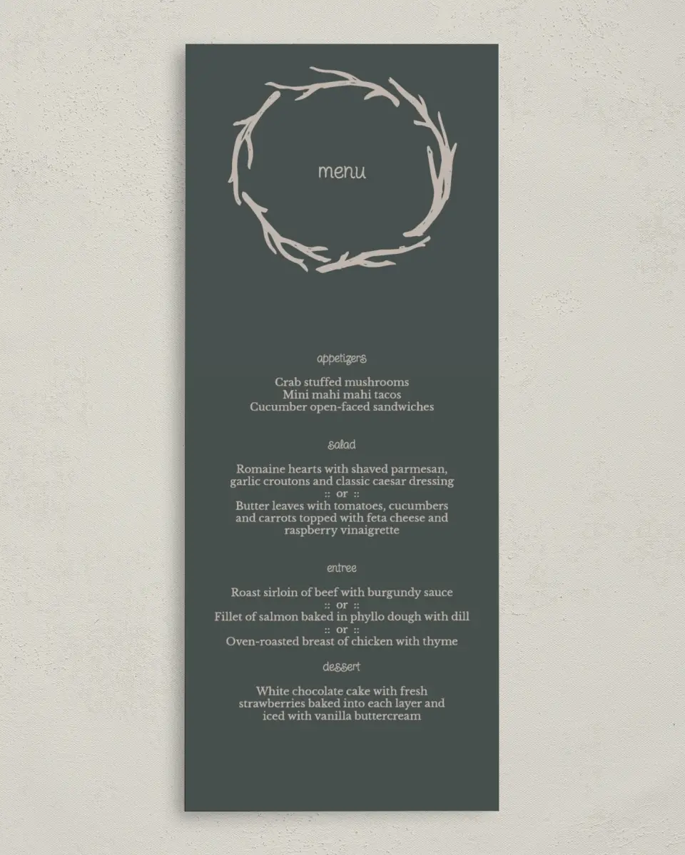 This is a 3⅝" x 8⅞" Wedding Menu Card called Rustic Boughs printed in full color on Premium Smooth paper