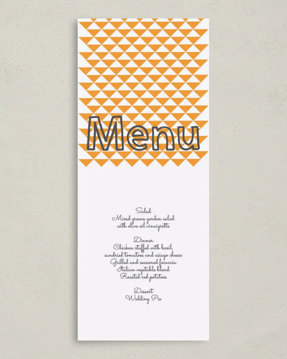 This is a 3⅝" x 8⅞" Wedding Menu Card called So Sharp! printed in full color on Premium Smooth paper