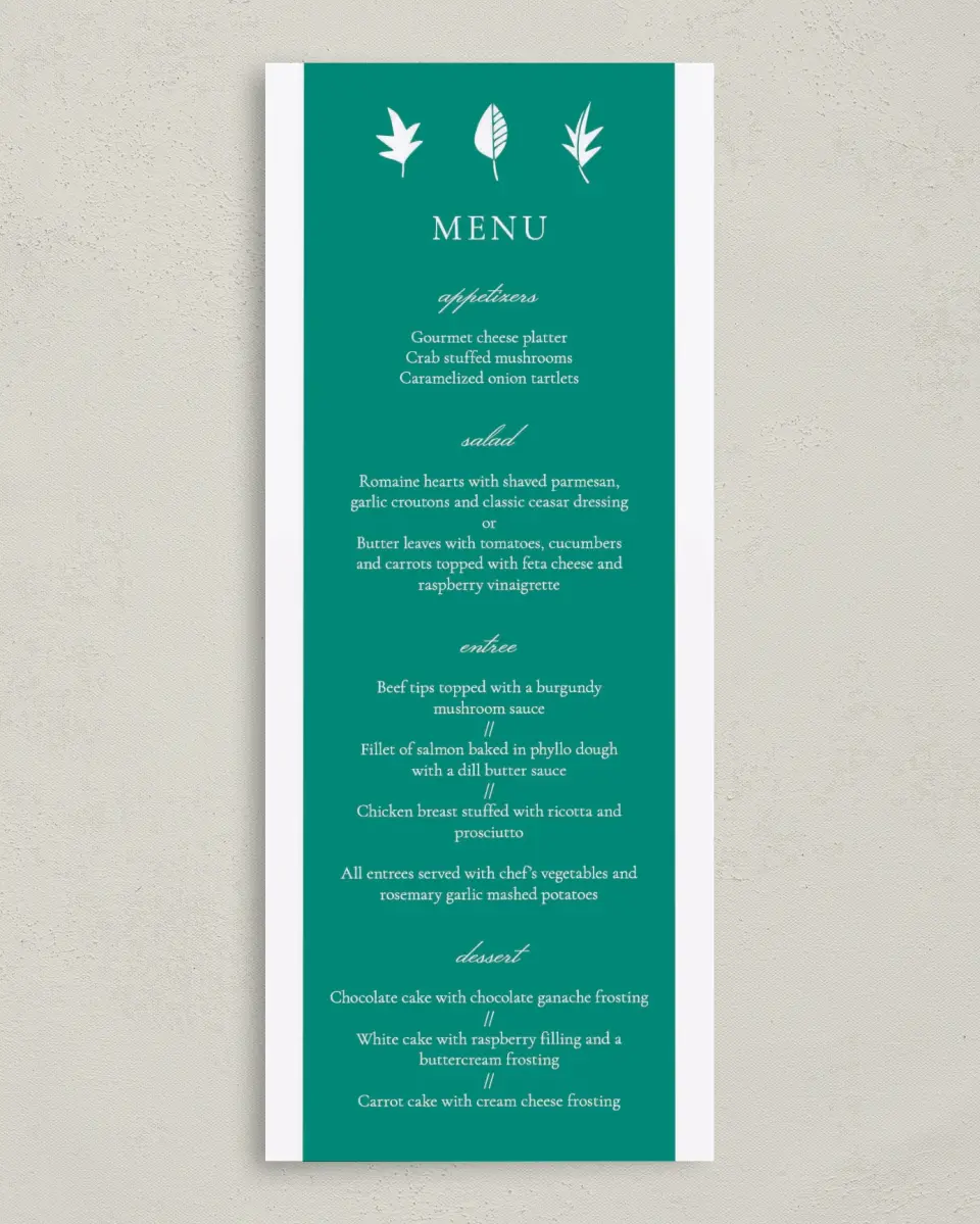 This is a 3⅝" x 8⅞" Wedding Menu Card called Sweet Leaves printed in full color on Premium Smooth paper