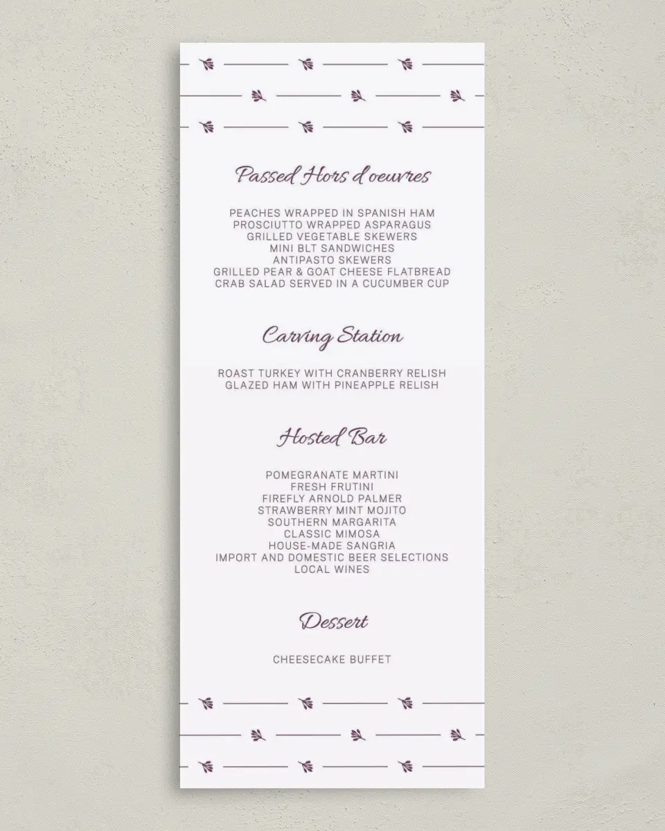 This is a 3⅝" x 8⅞" Wedding Menu Card called Charming Love Story printed in full color on Premium Smooth paper