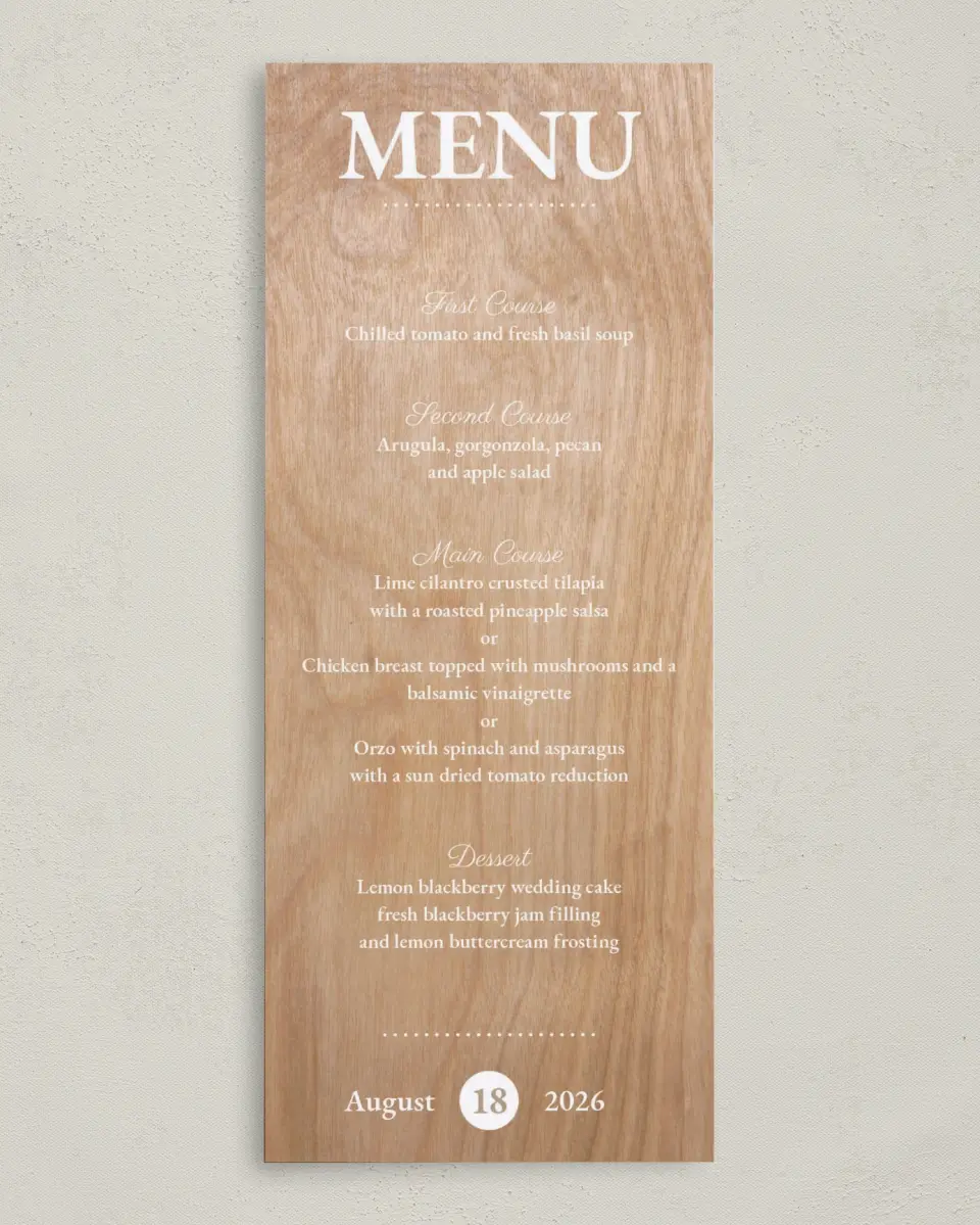 This is a 3⅝" x 8⅞" Wedding Menu Card called Rustic Woodgrain printed in full color on Premium Smooth paper