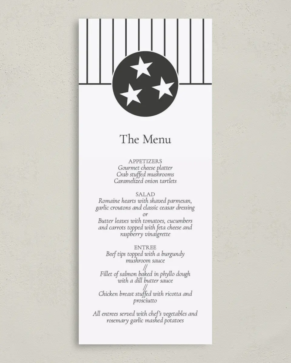 This is a 3⅝" x 8⅞" Wedding Menu Card called Nashville Tennessee State Outline printed in full color on Premium Smooth paper