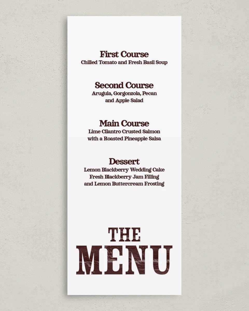 This is a 3⅝" x 8⅞" Wedding Menu Card called Brick Yard printed in full color on Premium Smooth paper