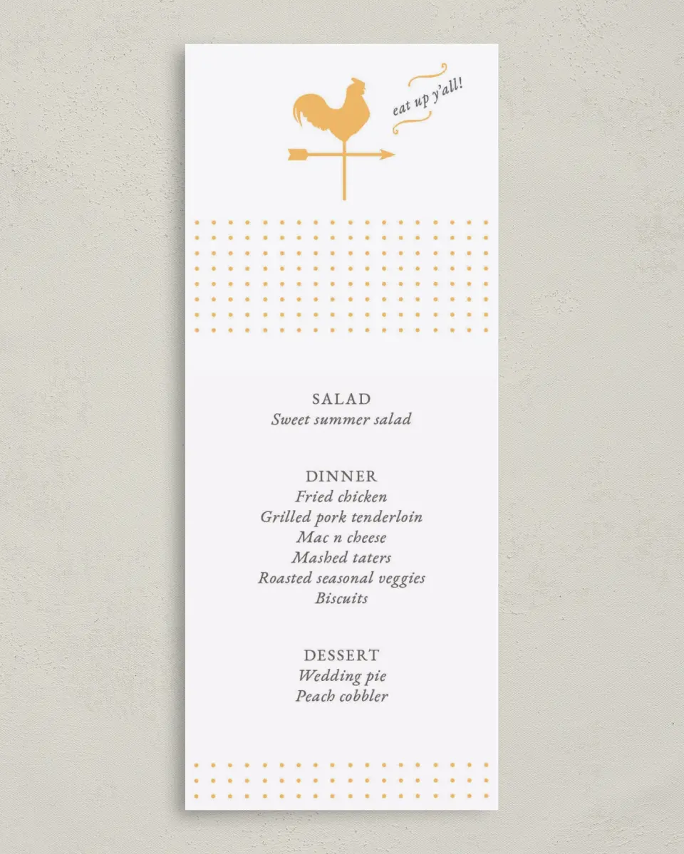 This is a 3⅝" x 8⅞" Wedding Menu Card called Nashville Barn printed in full color on Premium Smooth paper