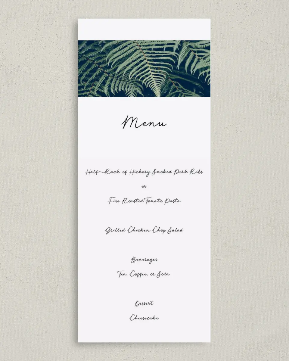 This is a 3⅝" x 8⅞" Wedding Menu Card called Enchanted Day printed in full color on Premium Smooth paper