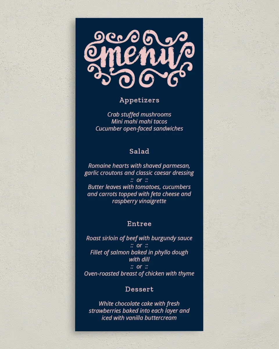 This is a 3⅝" x 8⅞" Wedding Menu Card called Love Letters printed in full color on Premium Smooth paper