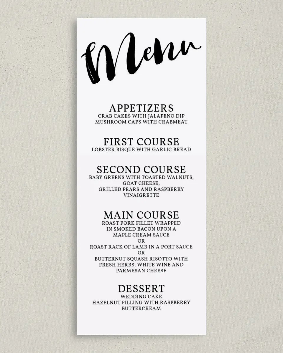 This is a 3⅝" x 8⅞" Wedding Menu Card called Soon to Be printed in full color on Premium Smooth paper