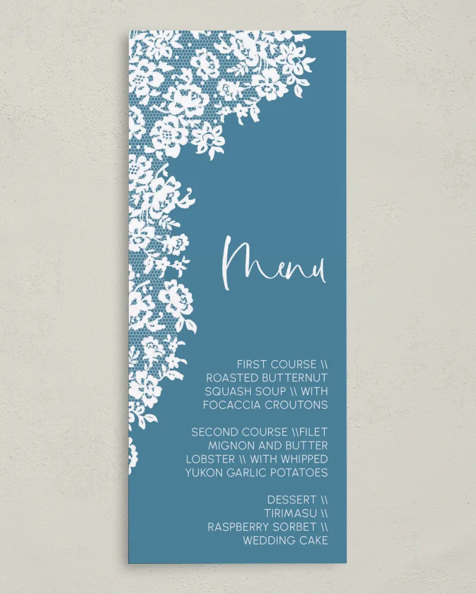 This is a 3⅝" x 8⅞" Wedding Menu Card called Modern Lace printed in full color on Premium Smooth paper