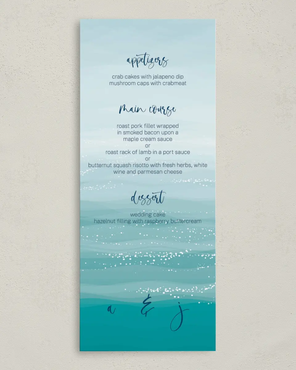 This is a 3⅝" x 8⅞" Wedding Menu Card called Beyond the Shore printed in full color on Premium Smooth paper