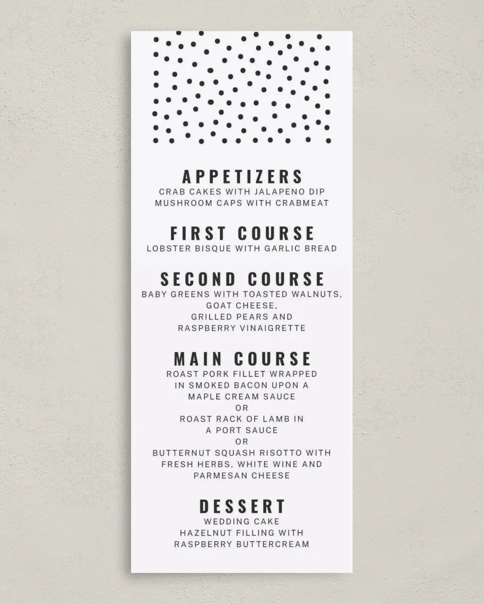 This is a 3⅝" x 8⅞" Wedding Menu Card called Pop of Dots printed in full color on Premium Smooth paper
