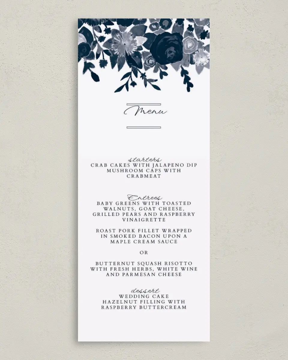 This is a 3⅝" x 8⅞" Wedding Menu Card called Geo Floral printed in full color on Premium Smooth paper