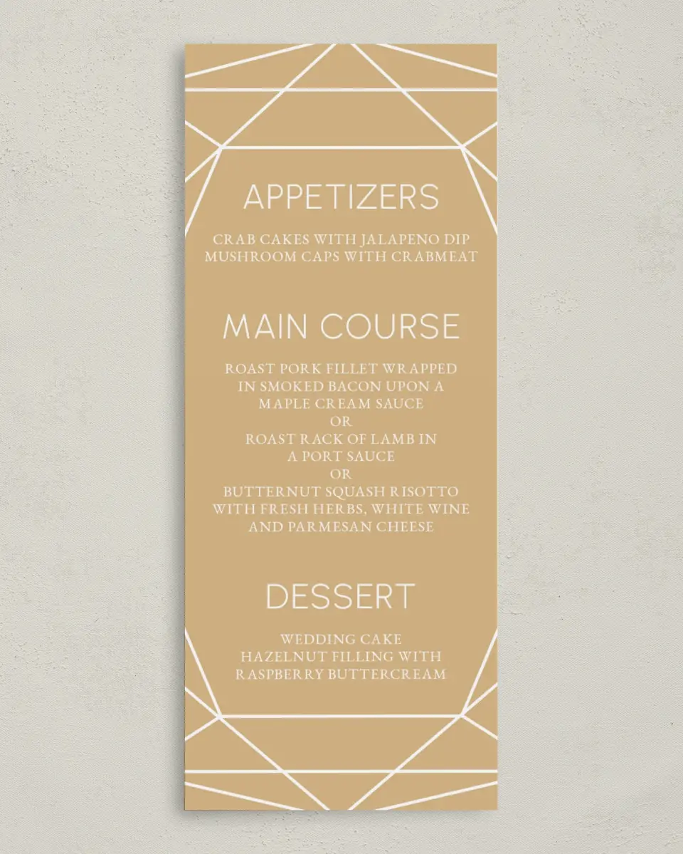 This is a 3⅝" x 8⅞" Wedding Menu Card called Luxe Gem printed in full color on Premium Smooth paper