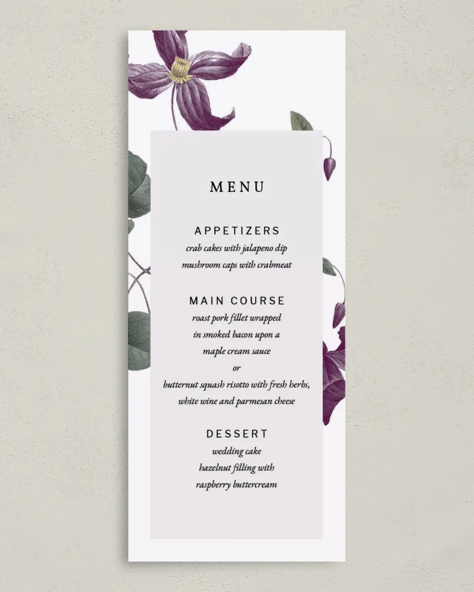 This is a 3⅝" x 8⅞" Wedding Menu Card called Garden Laurel printed in full color on Premium Smooth paper