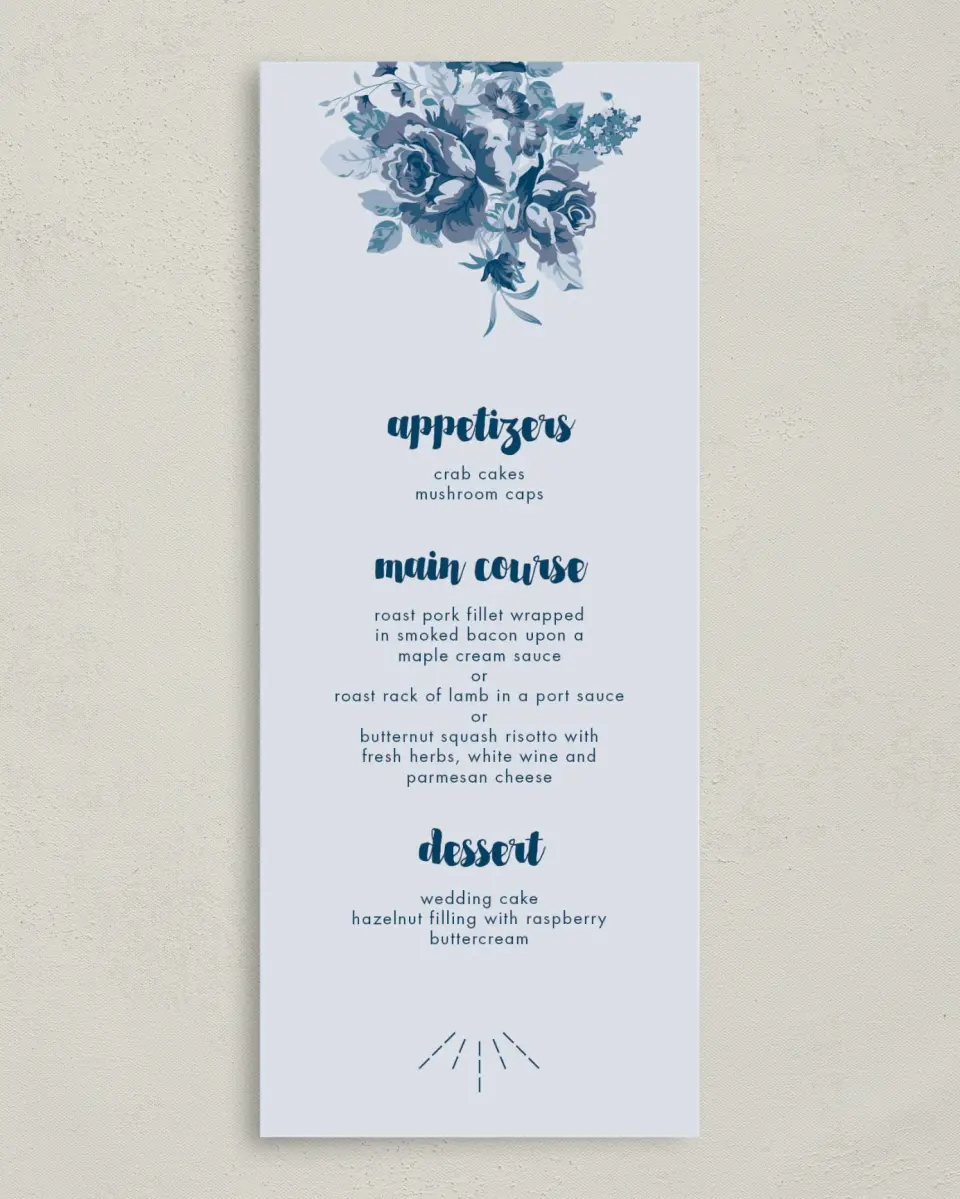 This is a 3⅝" x 8⅞" Wedding Menu Card called Winsome Bouquet printed in full color on Premium Smooth paper