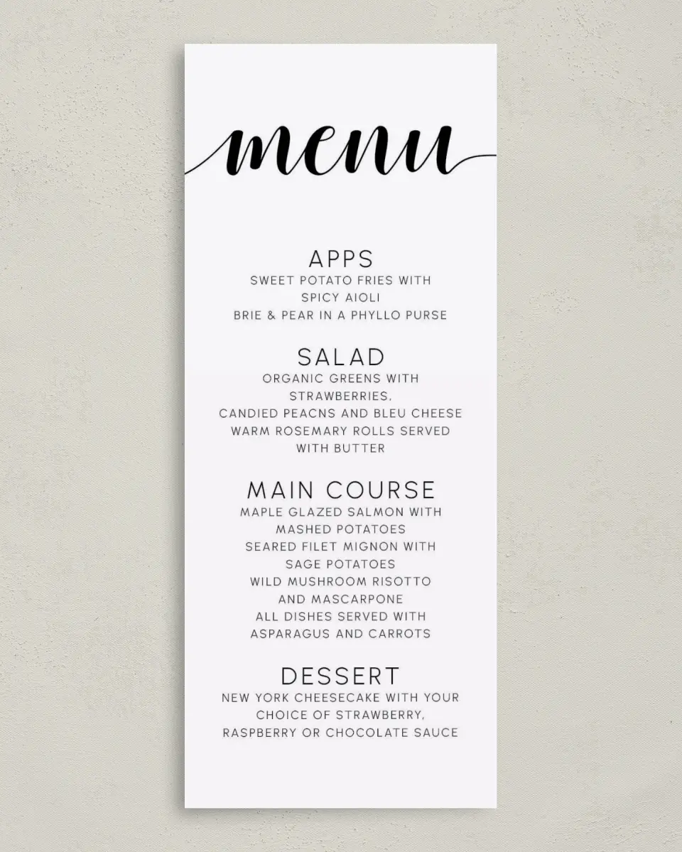 This is a 3⅝" x 8⅞" Wedding Menu Card called True Celebration printed in full color on Premium Smooth paper