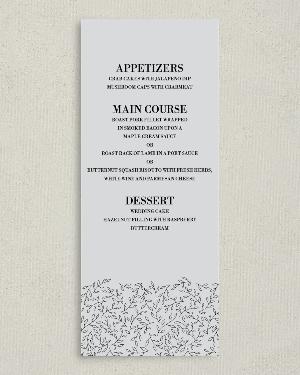 This is a 3⅝" x 8⅞" Wedding Menu Card called Naturally Leaves printed in full color on Premium Smooth paper